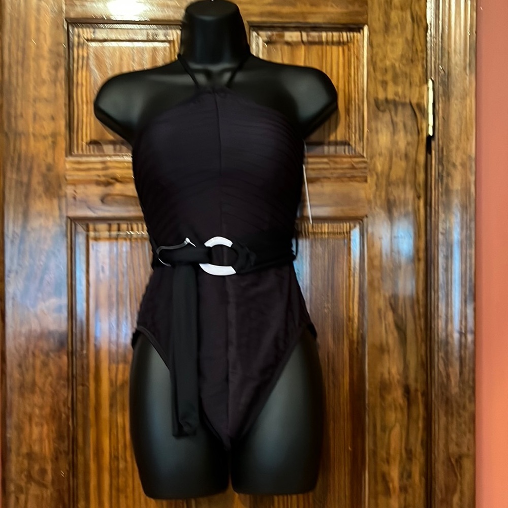 NWT One Piece Black Belted Swimsuit - Picture 1 of 7
